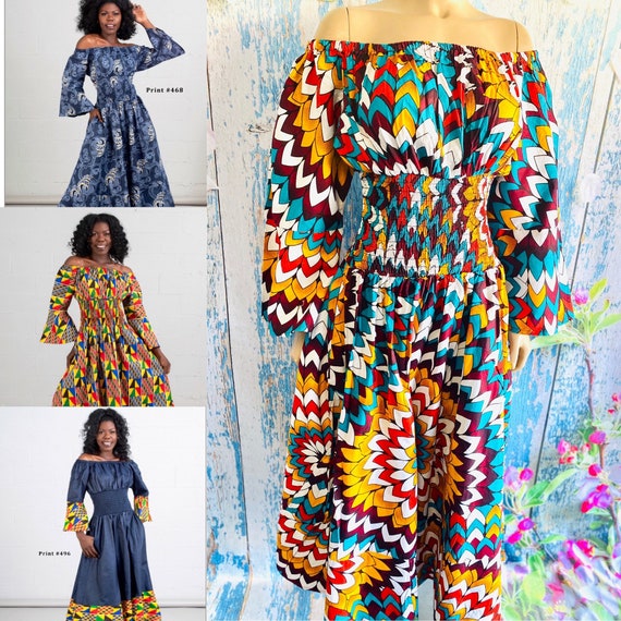 Smocked Waist Bell Sleeve Authentic African Print Dress