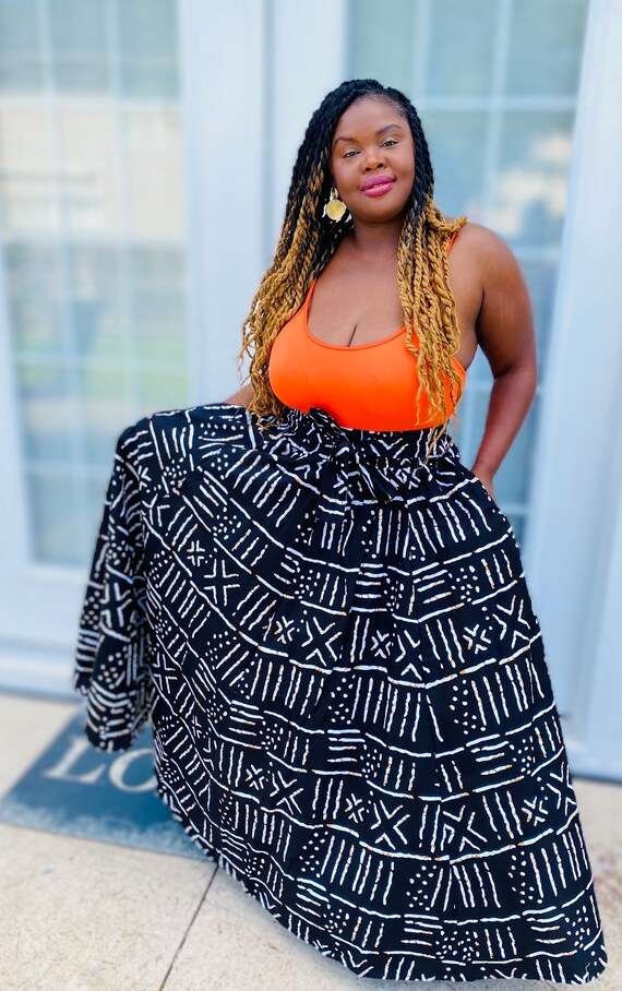 African Print Maxi Skirt with Pockets and Head wrap