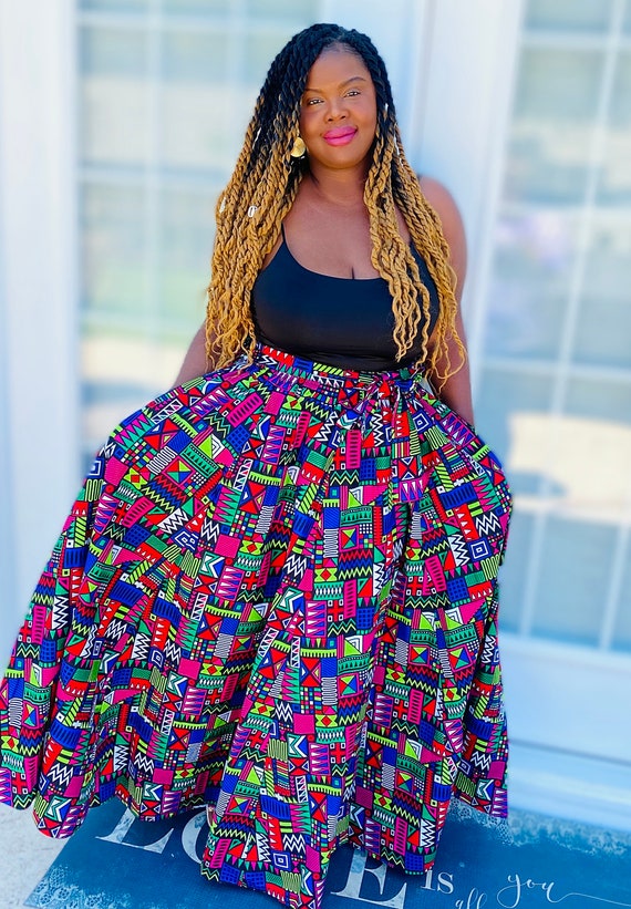 African Print Maxi Skirt with Pockets and Head wrap