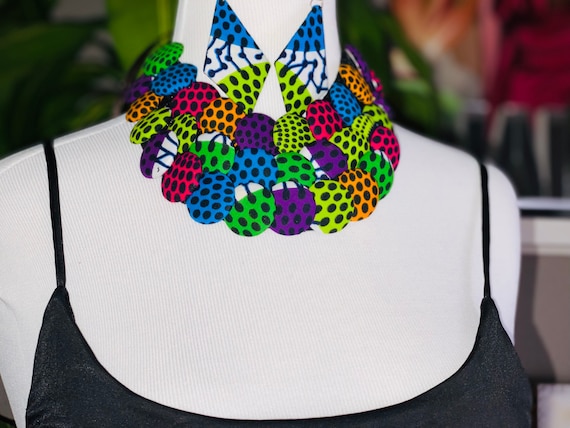 Ankara Button Bib Necklace with matching earrings