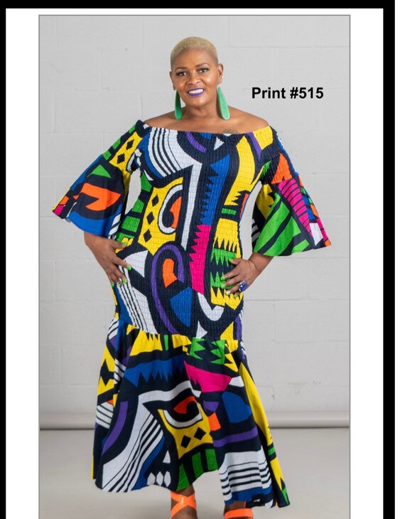 Ankara Off the Shoulder Elastic Fitted Dress with Flared Sleeves and Head Wrap