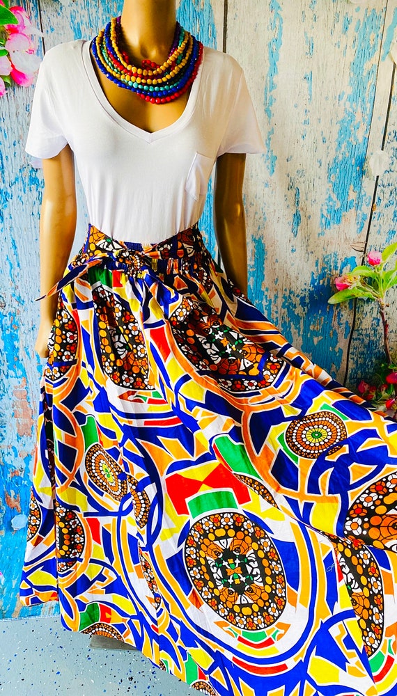African Print Maxi Skirt with Pockets and Head wrap