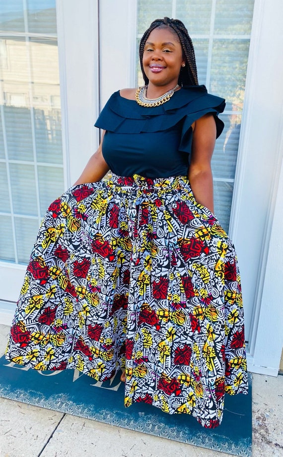 African Print Maxi Skirt with Pockets and Head wrap