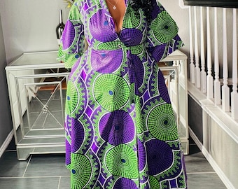 African Print Ankara Wrap Dress Bell Sleeves Cotton Wedding Business Fashion Women