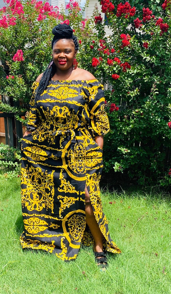 African Print Elastic Waist Fit and Flared Max Dress