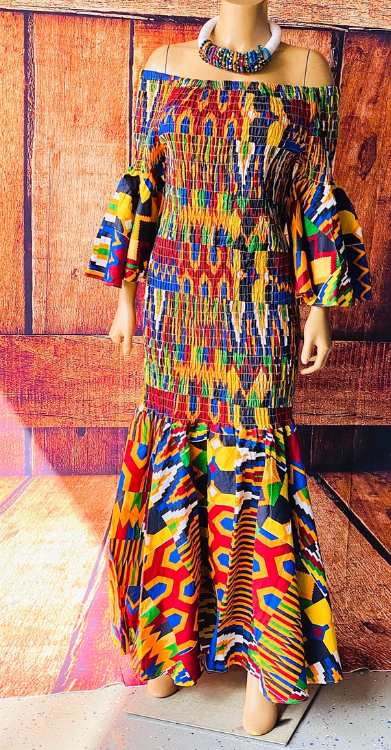 Ankara Off the Shoulder Elastic Fitted Dress with Flared Sleeves and Head Wrap