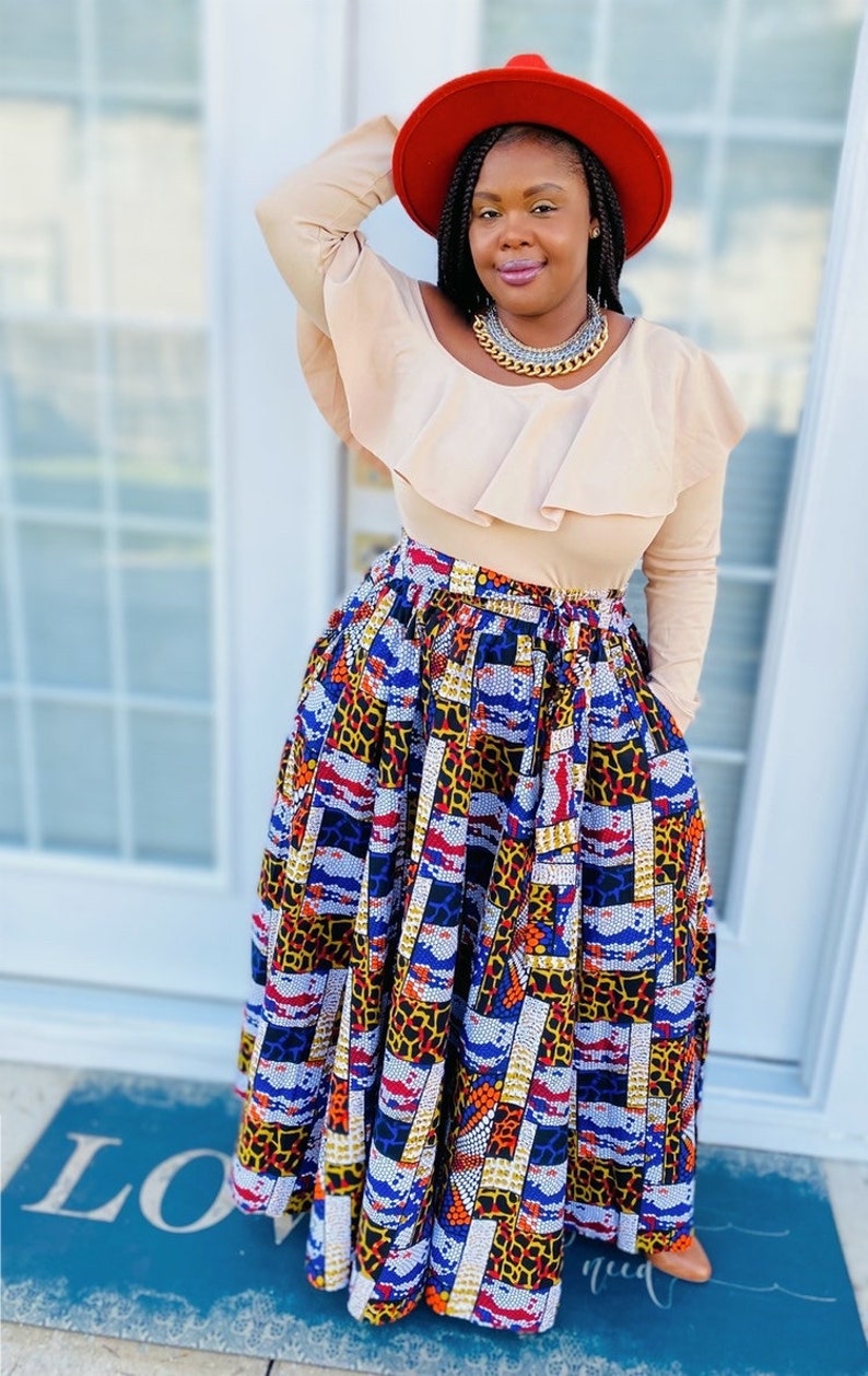 African Print Maxi Skirt with Pockets and Head wrap image 1