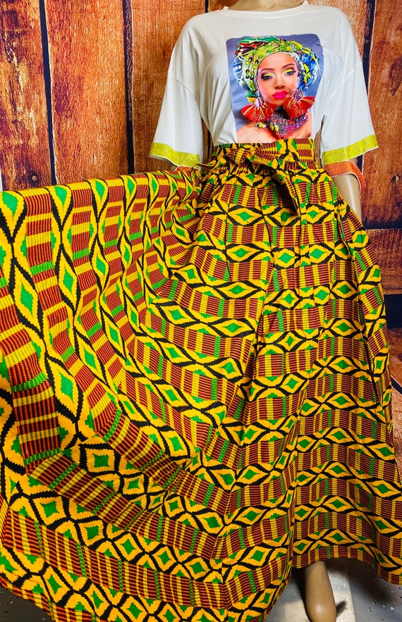 Classic Kente Maxi Skirt with Pockets an headwrap