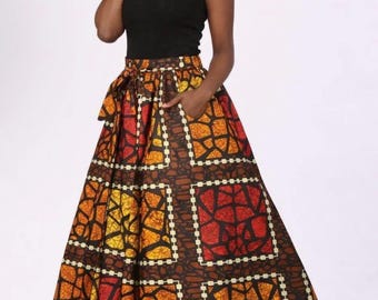 African Print Maxi Skirt with Pockets and Head wrap