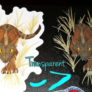 May include: A sticker of a brown and yellow creature with a snake-like head and sharp claws, standing in tall grass. The sticker is transparent and shows the background through it.