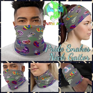May include: A grey neck gaiter with a rainbow pride snake pattern. The gaiter is shown being worn by three different people, including a headband version.