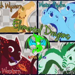 May include: A collage of four cartoon dragons, each representing a different element: rock, water, fire, and air. The dragons are depicted in their respective colors, with the text "Elemental Dragons" in the center.