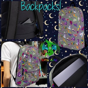 May include: A gray backpack with a colorful print of rainbow-colored swirls and squiggles. The backpack has a large pocket on the front and a laptop compartment. The backpack is shown in different views, including a close-up of the fabric, a view of the backpack being worn, and a view of the laptop compartment.