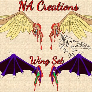 May include: Digital art featuring two sets of wings. The top set has tan and yellow feathers with red accents. The bottom set has purple and black wings with white tips. The text "NA Creations" and "Wing Set" are also present.