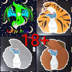 May include: Four stickers featuring cartoon animals. The first sticker is a green and blue dragon with wings. The other three stickers are of a white animal with a blue alligator on its back. The animal's tail is curled around the alligator. The tails are different colors: orange, gray, and brown.