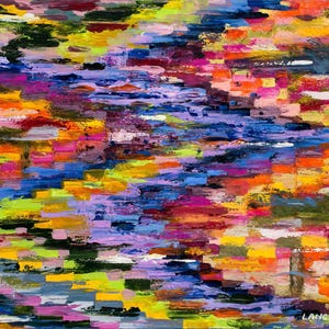 May include: Abstract painting with horizontal brushstrokes in various colors, including yellow, orange, red, purple, blue, and green.