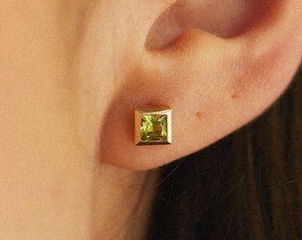 14k Solid Gold Green Peridot Stud Earrings. Square Bezel-Set Green Peridot Stud Earrings. Gift For Her For Her.