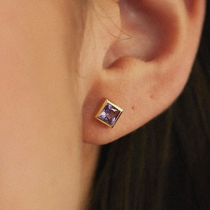 Dainty Amethyst Studs 14K Gold, Birthstone Earrings, Anniversary Gift Idea for Her image 1