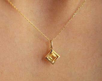 14K Solid Gold Citrine Necklace. Dainty Gold Pendant Necklace. November Birthstone Necklace. Citrine Necklace.