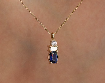 14K Solid Gold Blue Sapphire with Baguette and Round Diamond. Dainty Sapphire Diamond Pendant. Unique Sapphire Necklace.