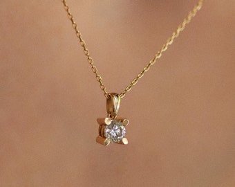 14K Gold Dainty Diamond Necklace. Diamond Solitaire Pendant. Minimalist Diamond Necklace. Valentine's Day Gift.