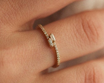 Dainty Crossover Diamond Ring In 14K Solid Gold. Baguette Diamond Ring. Gifts For Her. Anniversary Gifts. Gift for Her.