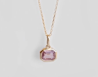 14K Solid Gold Unique Pink Sapphire Necklace. Dainty Pink Sapphire Necklace.One of a Kind Pink Sapphire Solitaire Necklace. Gift for her