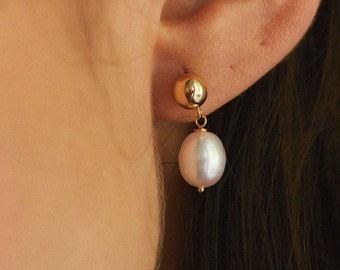 14K Solid Gold Pearl Drop Earrings. Dainty Freshwater Pearl Studs. Bridal Earrings. Gift For Her For Women.