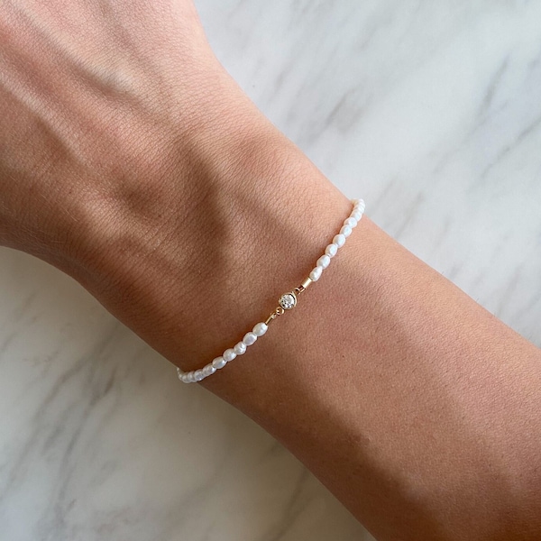 Dainty Diamond Bracelet. Delicate freshwater pearl bracelet. Anniversary gift. Gift for Her. Gift For Her For Her.