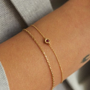 Dainty Ruby Bracelet In 14K Solid Gold. Birthstone Bracelet. Gifts For Her. Anniversary Gift. Bezel Set Ruby Bracelet.
