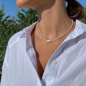 14K Solid Gold Freshwater Pearl Necklace. Dainty Pearl Choker. Anniversary Gift. Gift For Her. image 3