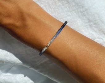 14K Solid Gold Sapphire Bracelet.Fine Shaded Sapphire Bracelet. Anniversary Gift. Gifts for Her.