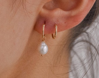 14K Solid Gold Pearl Hoops. Dainty Gold Hoop Earrings. Gifts For Her. Anniversary Gift.