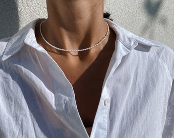 Dainty Freshwater Pearl 14K Solid Gold Choker. Solid Gold Necklace. Tiny Freshwater Pearl Necklace.