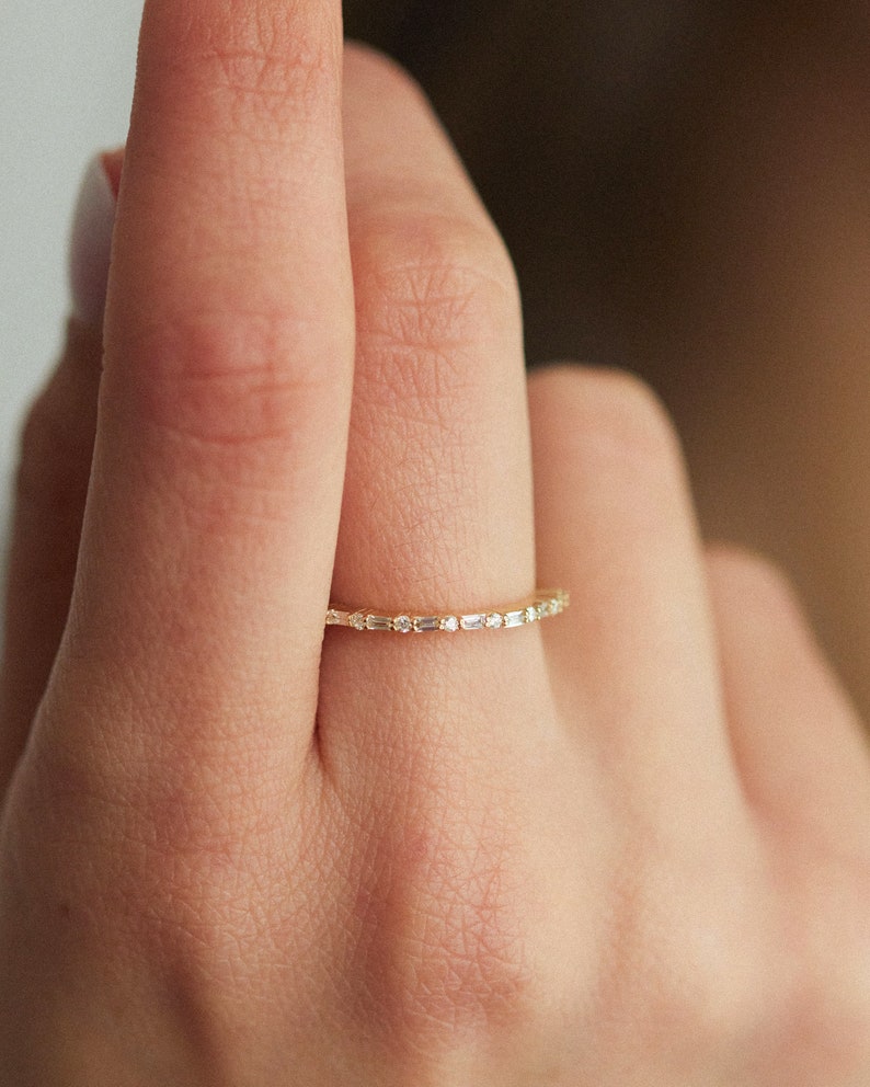 14K Gold Half Eternity Diamond Ring. Dainty Diamond Wedding Band. Baguette And Round Diamond Ring. Stacking Ring. Gift For Her. image 6