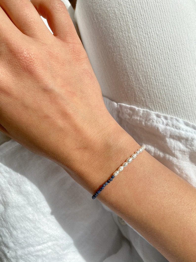 Dainty Sapphire and Pearl 14K Solid Gold Bracelet. September Birthstone Bracelet. Mothers Day Gift. Gifts for Her. image 3