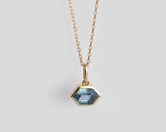 One of a Kind Teal Sapphire Pendant Necklace in 14K Solid Gold. Dainty September Birthstone Necklace.