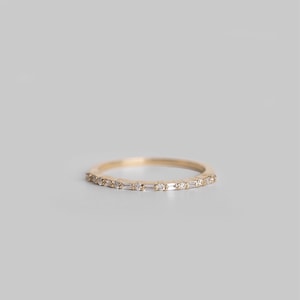 14K Gold Half Eternity Diamond Ring. Dainty Diamond Wedding Band. Baguette And Round Diamond Ring. Stacking Ring. Gift For Her. image 3
