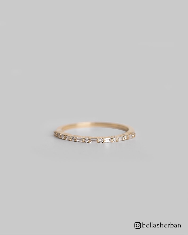 14K Gold Half Eternity Diamond Ring. Dainty Diamond Wedding Band. Baguette And Round Diamond Ring. Stacking Ring. Gift For Her. image 3