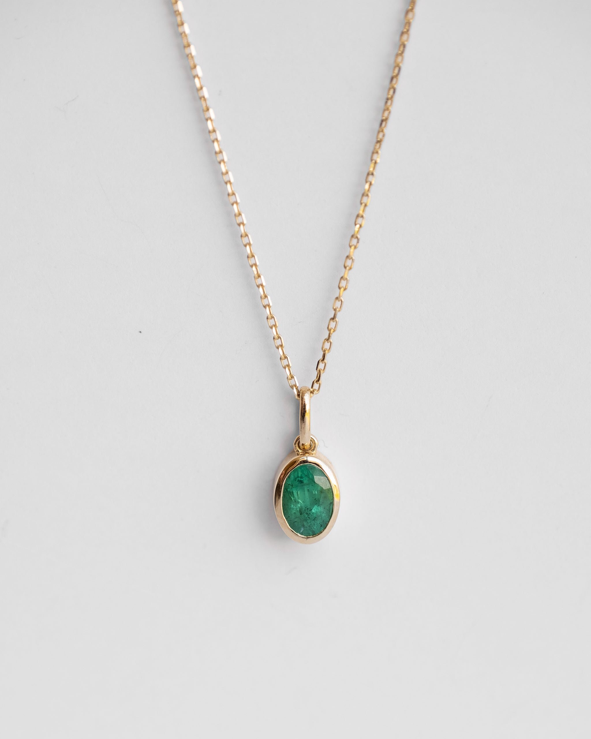 Oval Emerald Pendant Necklace in 14k Solid Gold. May Birthstone