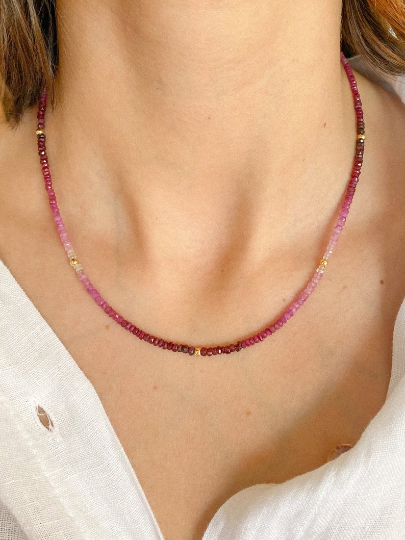 Fine Ombre Genuine Ruby 14K Gold Necklace. Precious Multicolour Ruby Necklace. 14K Solid Gold Necklace. Anniversary Gift. image 5