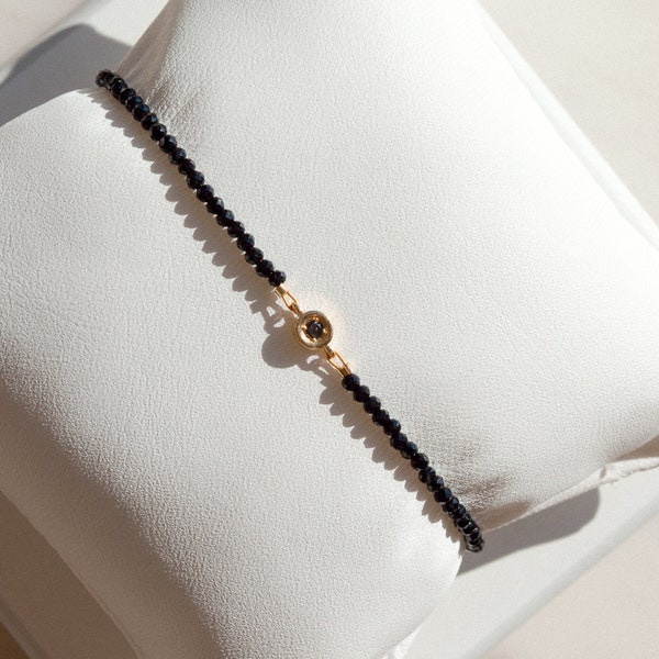 Black Diamond Bracelet. Dainty 14K Solid Gold Bracelet. Fine Jewelry. Gift For Her.