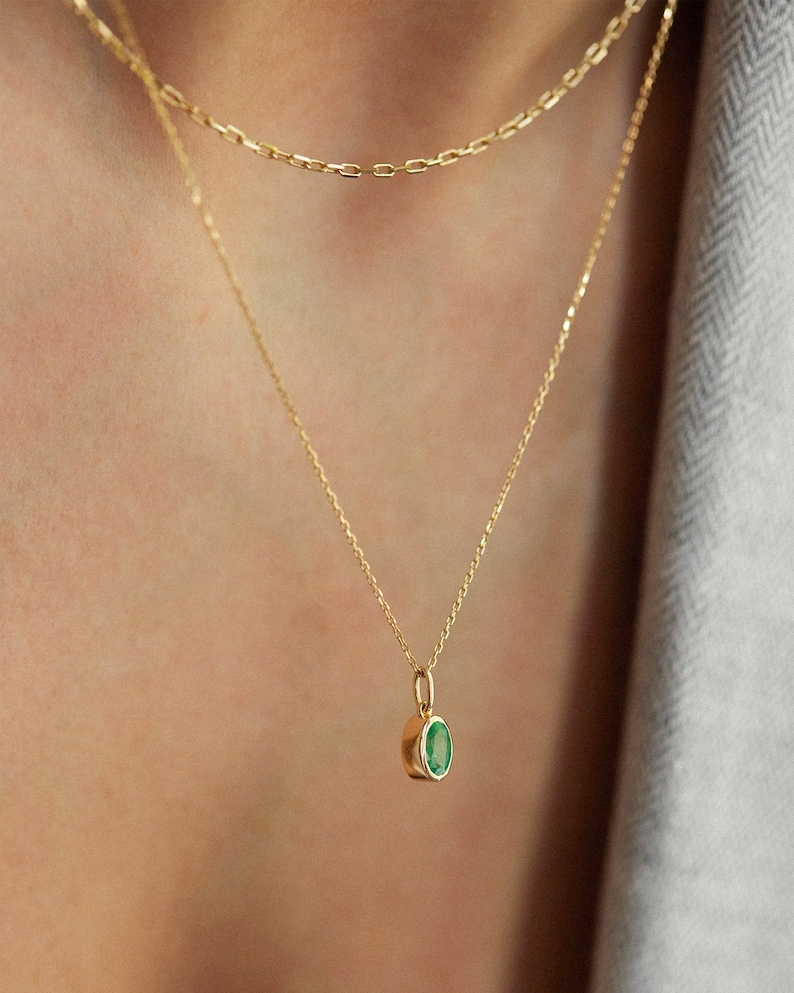 Oval Emerald Pendant Necklace in 14k Solid Gold. May Birthstone
