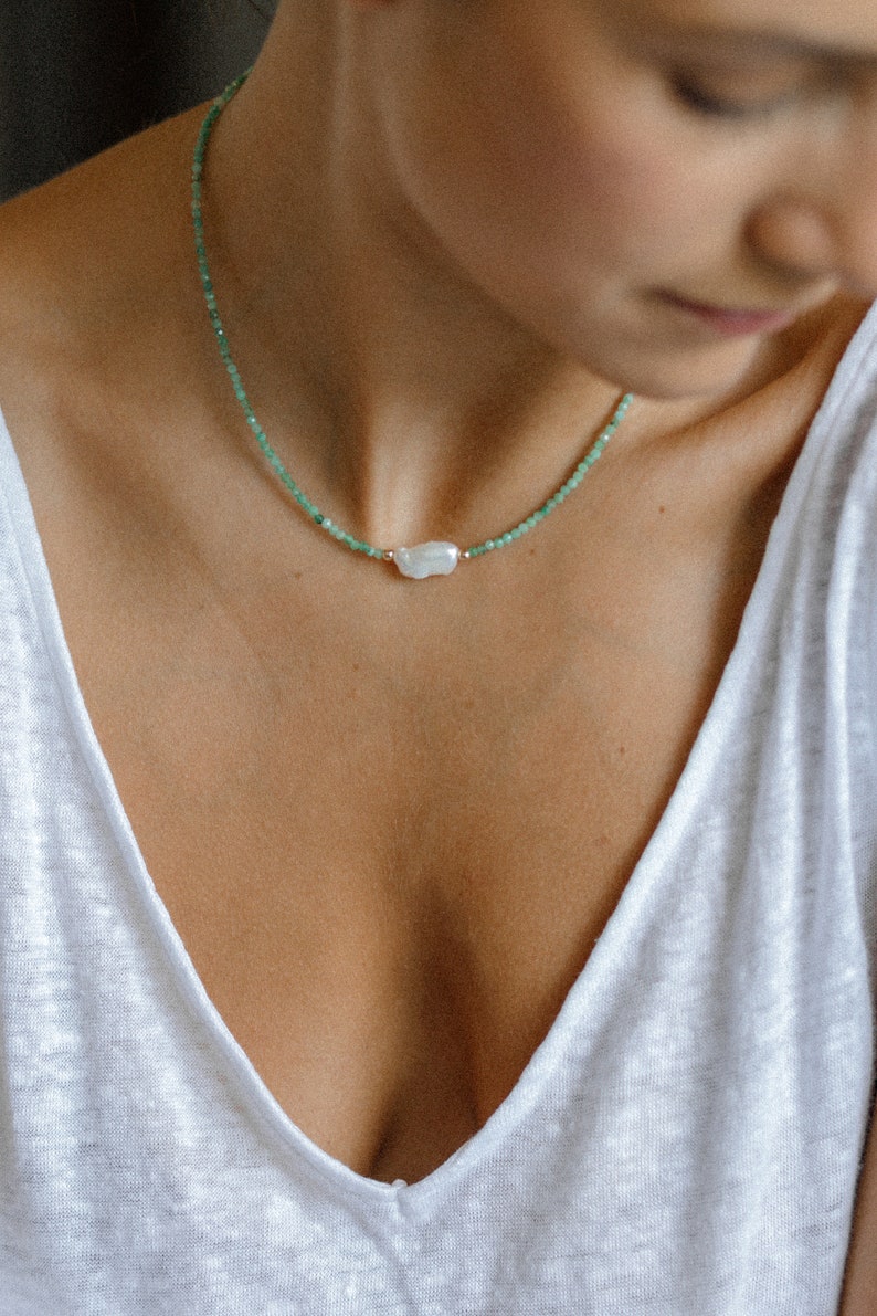 Fine 14K Solid Gold Emerald Necklace. Dainty Solid Gold Necklace. Anniversary Gift. Gifts for Her. image 3