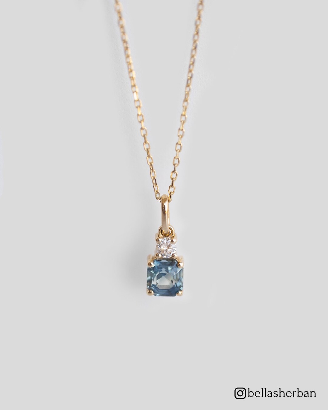 14K Solid Gold Sapphire Necklace With Diamond. Dainty Squarecut