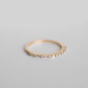 14K Gold Half Eternity Diamond Ring. Dainty Diamond Wedding Band. Baguette And Round Diamond Ring. Stacking Ring. Gift For Her. image 4