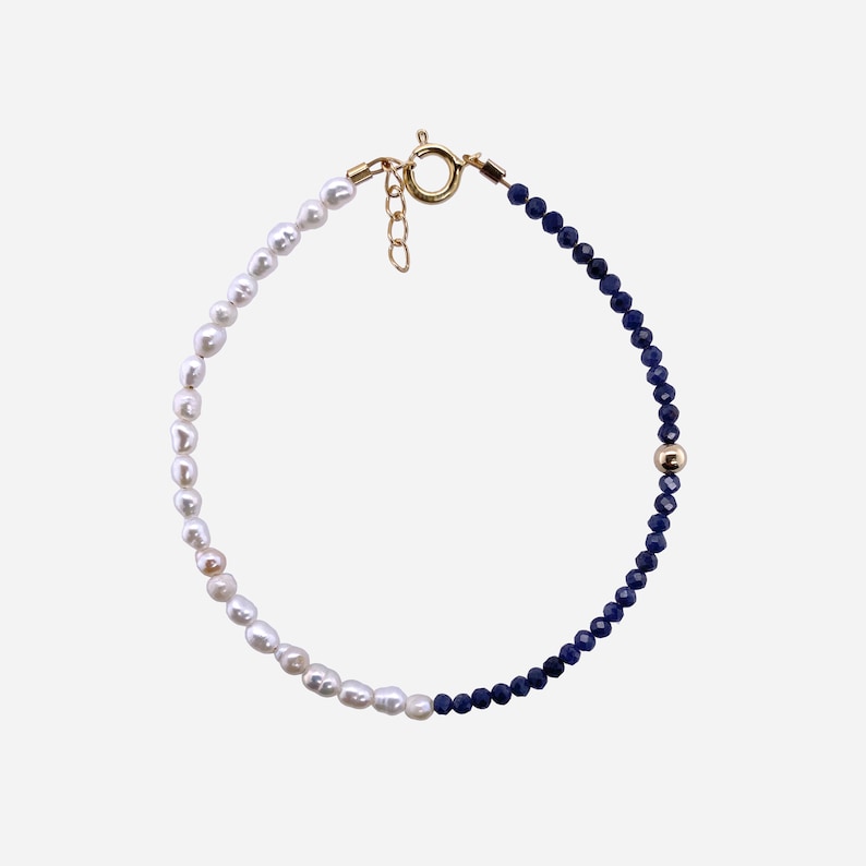 Dainty Sapphire and Pearl 14K Solid Gold Bracelet. September Birthstone Bracelet. Mothers Day Gift. Gifts for Her. image 4