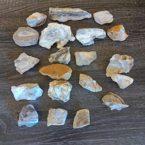 May include: A collection of nineteen raw, unpolished stones in various shapes and sizes. The stones feature natural color variations including shades of white, gray, tan, brown, and blue, with visible banding, crystalline textures, and rough, jagged edges.