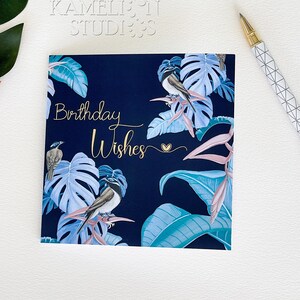 Birthday Wishes greeting card, Tropical card for her, gold foil birthday day card, square cards, Monstera leaf, Helaconia flowers
