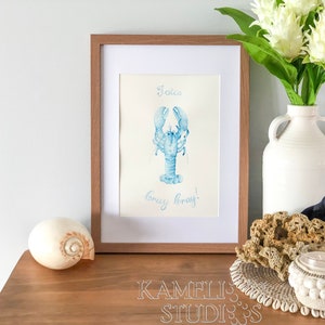 Watercolor Lobster in Ocean Blue, A3 or A4 , Crayfish painting, Coastal art for beach house, Sealife Painting, quote print, Totes Cray Cray